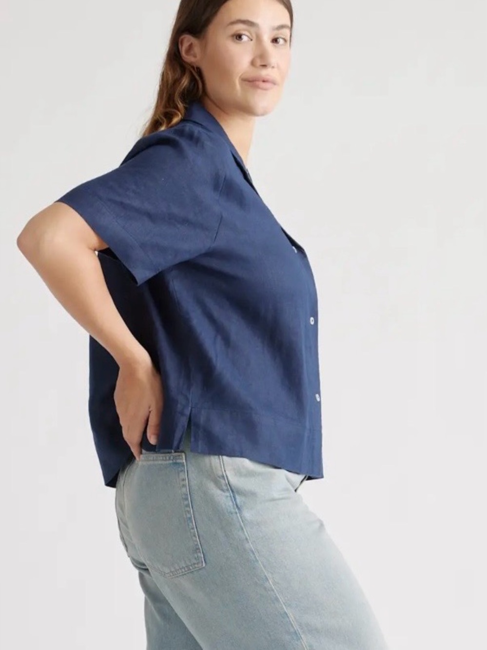 Quince 100% European Linen Short Sleeve Shirt Navy Women XL Casual Lux Beach - Picture 3 of 10